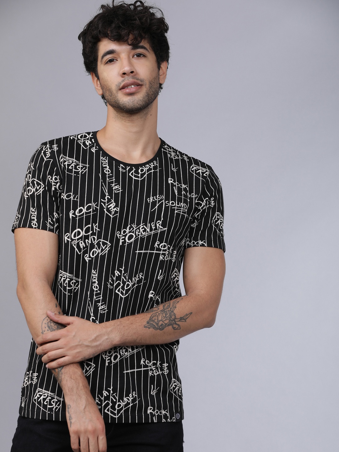LOCOMOTIVE Men Black Printed Round Neck T-shirt
