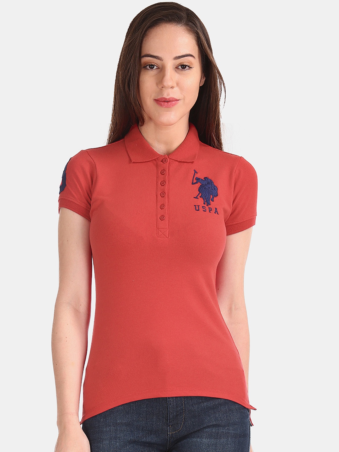 

U.S. Polo Assn. Women Red Solid Polo Collar T-shirt