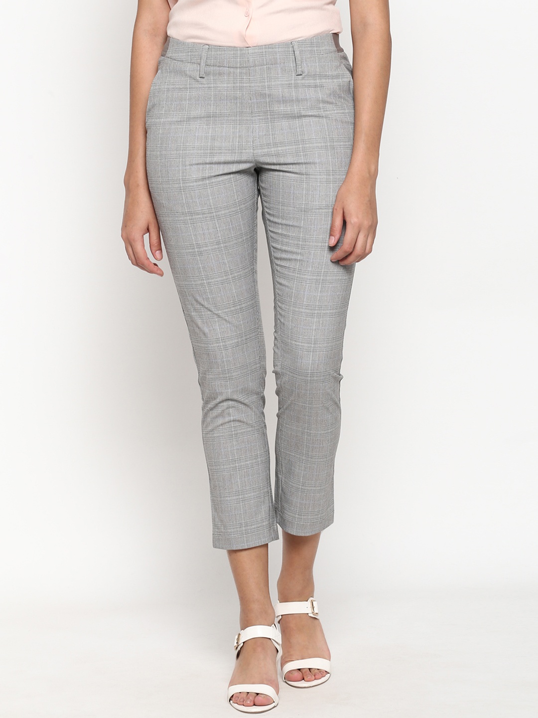 

Mode by Red Tape Women Grey Tapered Fit Checked Regular Trousers