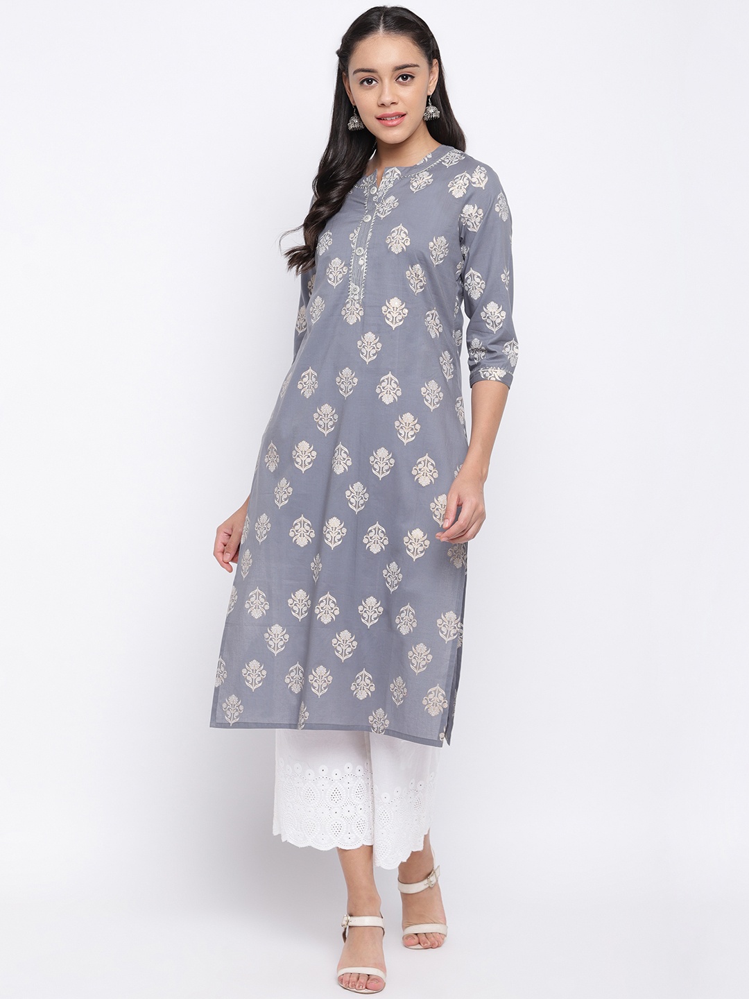 

Vbuyz Women Grey & White Floral Foil Printed Embellished Straight Kurta