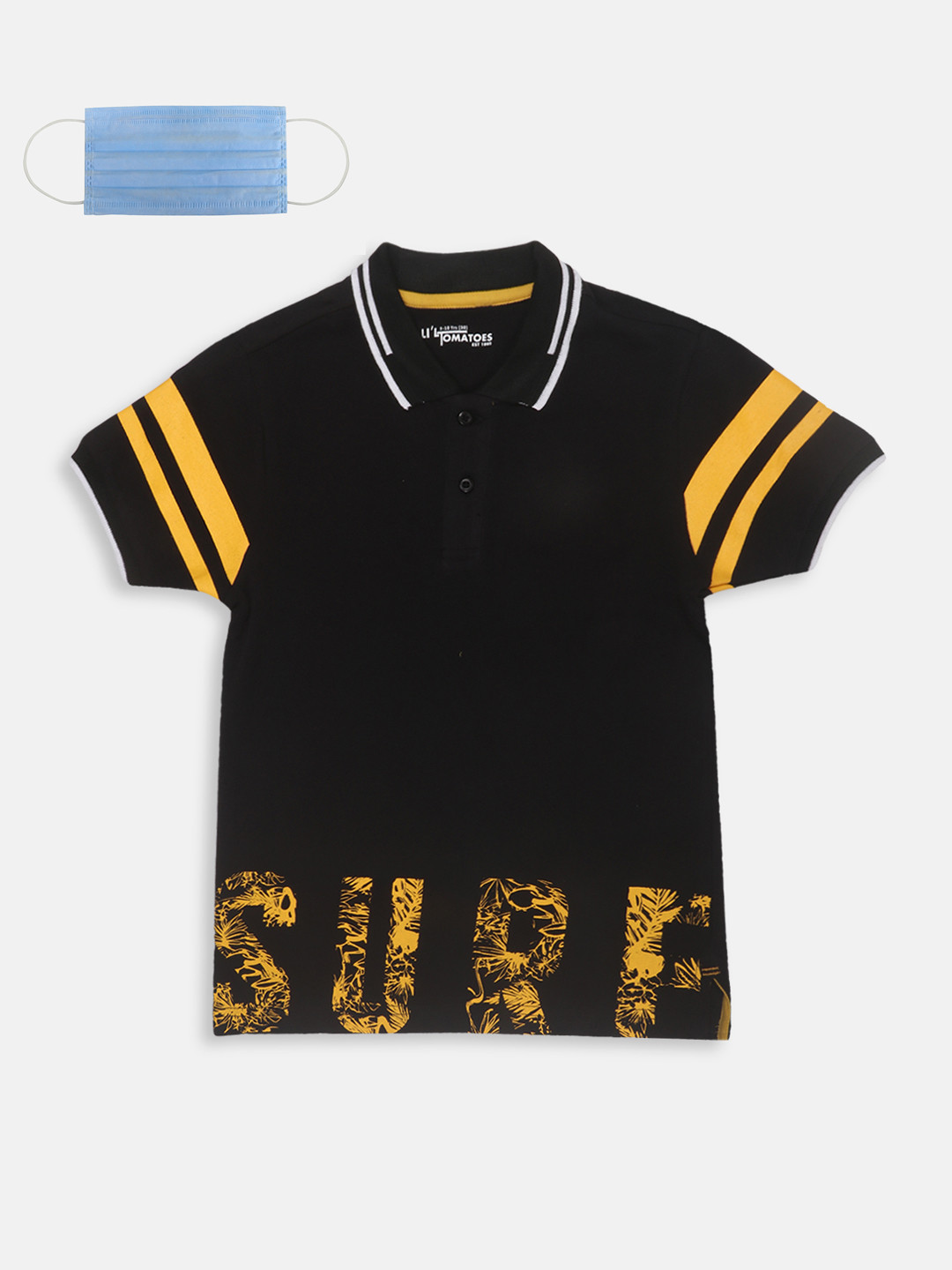 

Lil Tomatoes Boys Black Printed Polo Collar Pure Cotton T-shirt