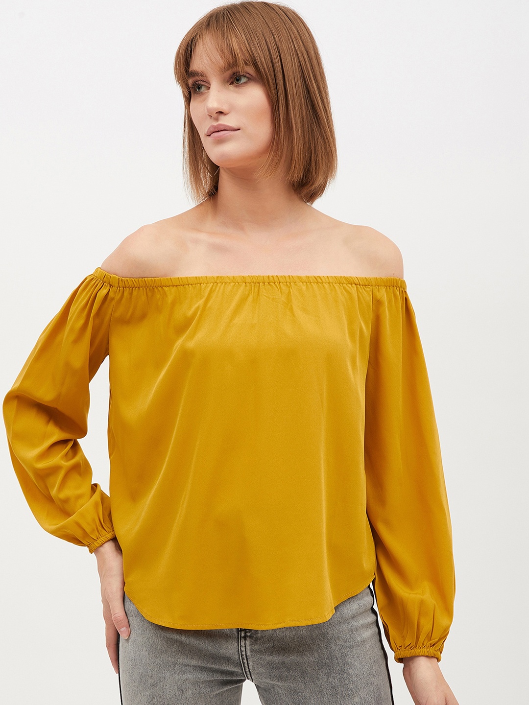 

Harpa Women Mustard Yellow Solid Bardot Top
