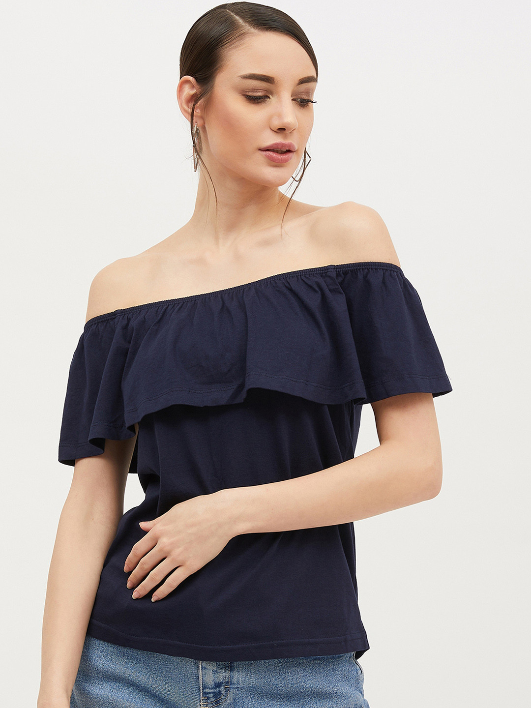 

Harpa Women Navy Blue Solid Bardot Top