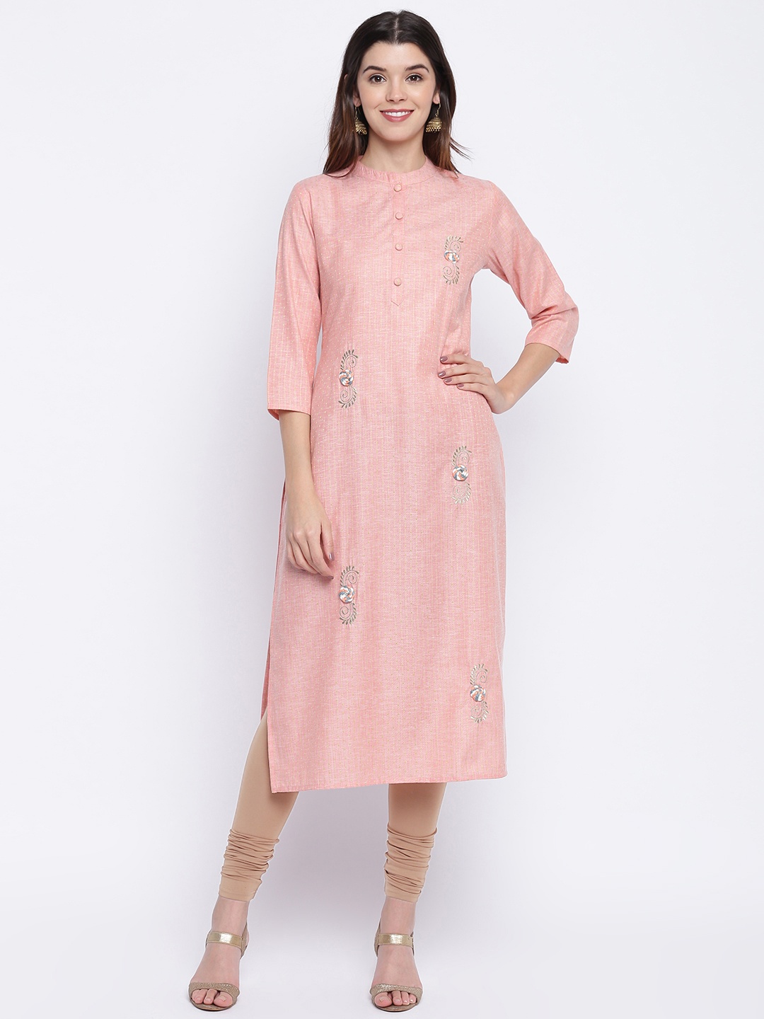 

Vbuyz Women Peach-Coloured & Mustard Embroidered Straight Kurta