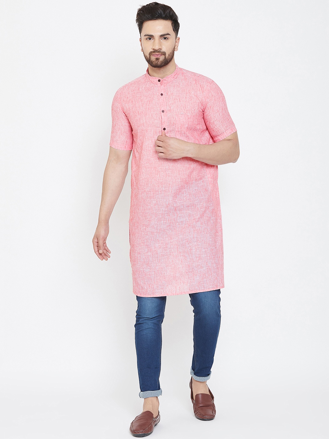 even Men Pink Solid Straight Linen Kurta