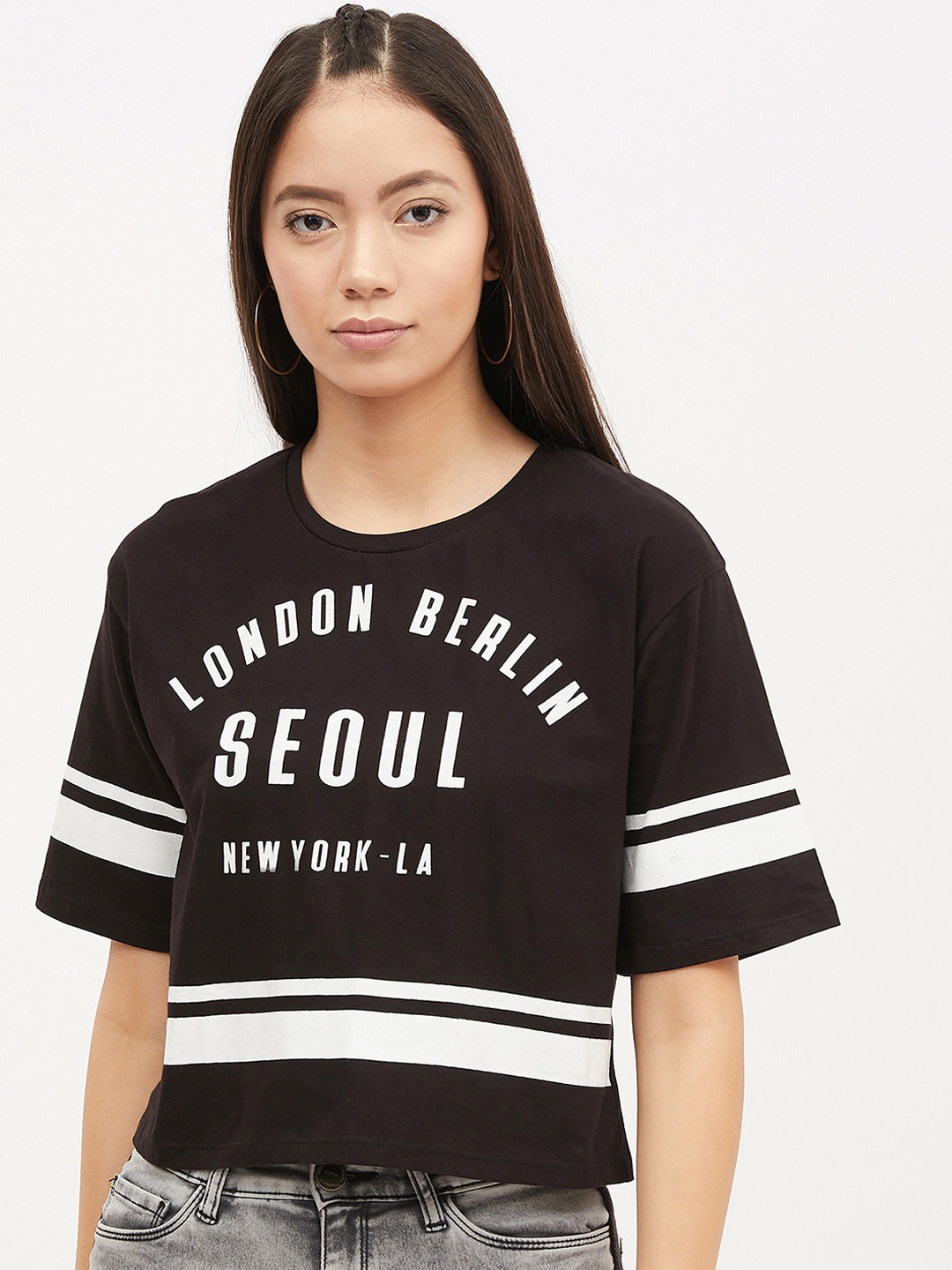 

Harpa Women Black White Printed Round Neck Crop Pure Cotton T-shirt