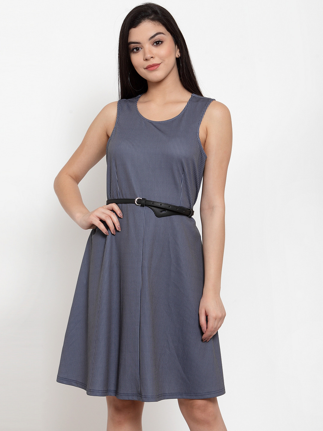 

Aujjessa Women Navy Blue Striped Fit and Flare Dress