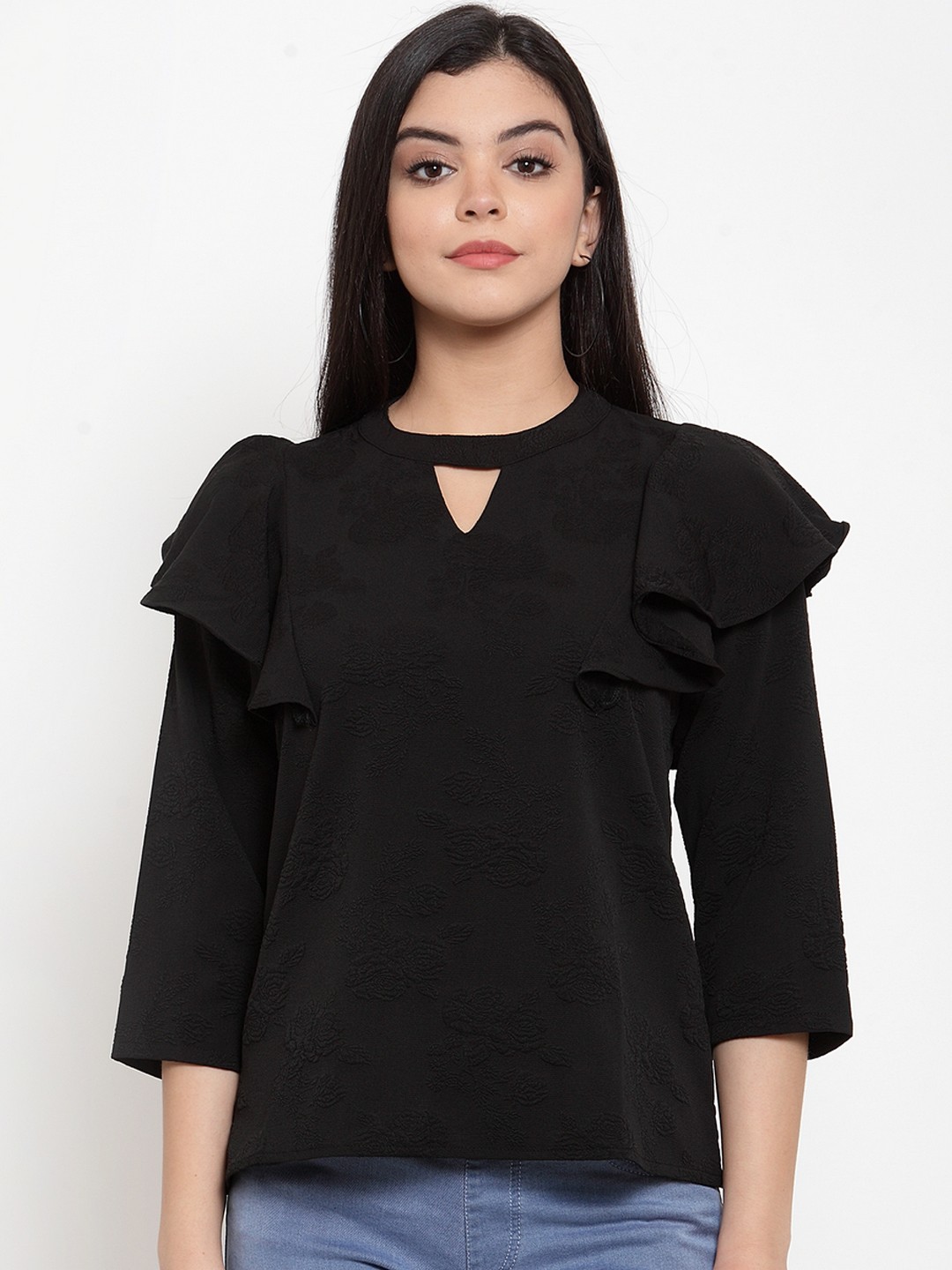 

Aujjessa Women Black Self Design Jacquard Top