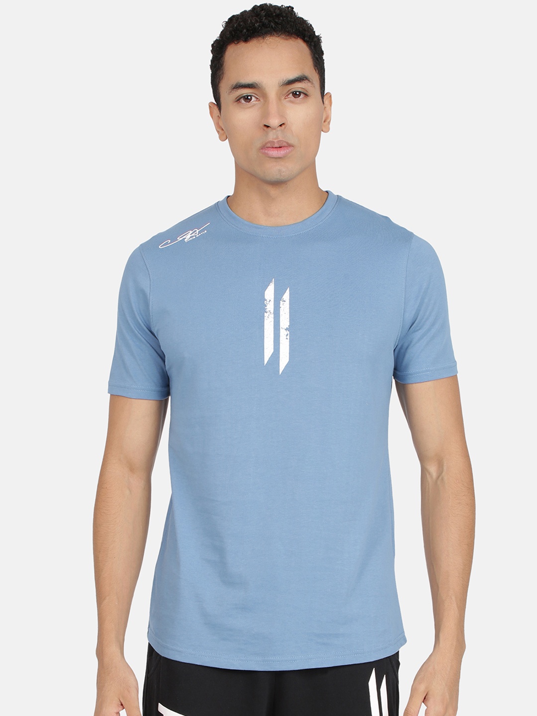 

ATTIITUDE Men Blue Brand Logo Print Round Neck Slim Fit T-shirt