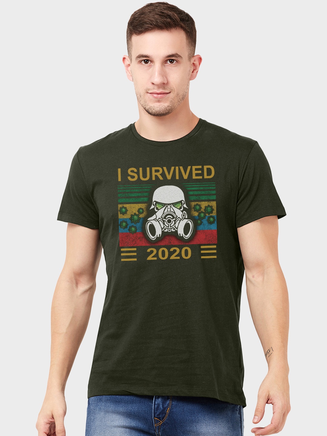 

Free Authority Men Olive Green Printed Round Neck Pure Cotton T-shirt