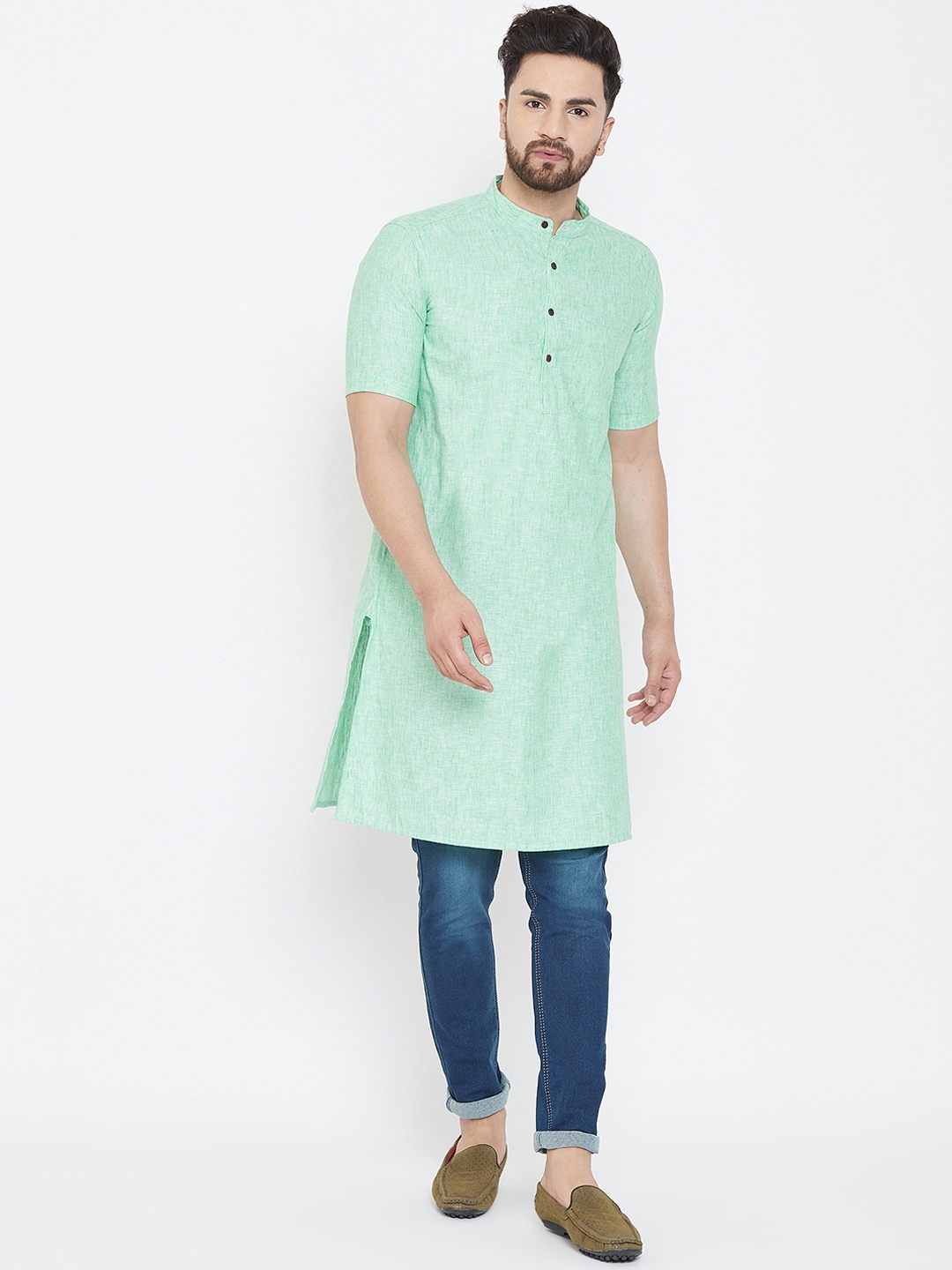

even Men Sea Green Solid Straight Linen Kurta
