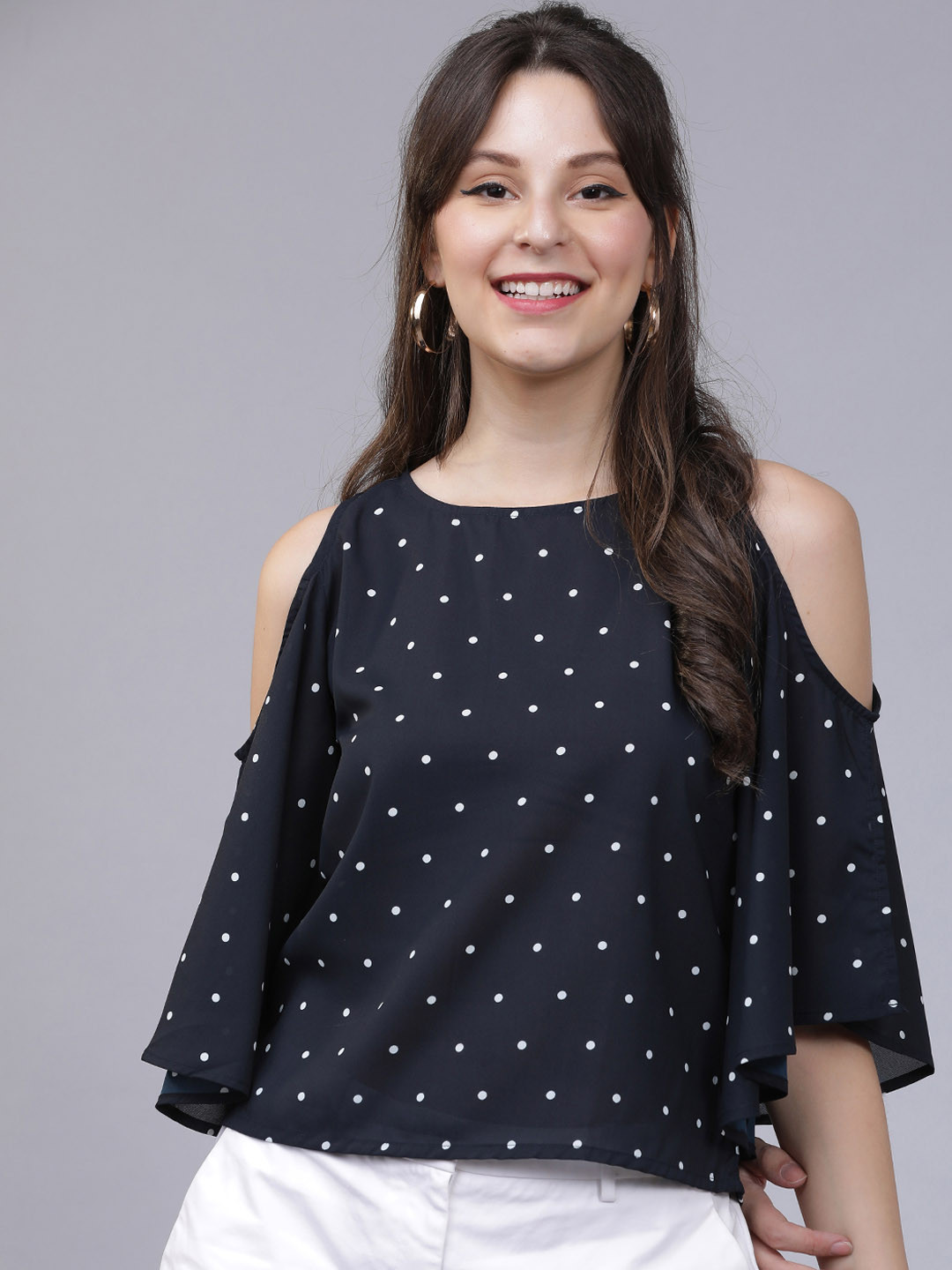 

Tokyo Talkies Women Navy Blue Polka Dots Print A-Line Top
