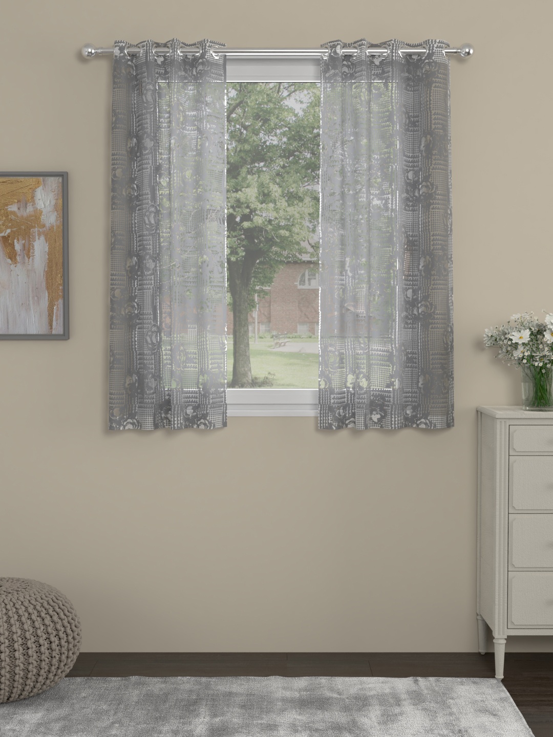 

ROSARA HOME Grey & White Set of 2 Sheer Window Curtains