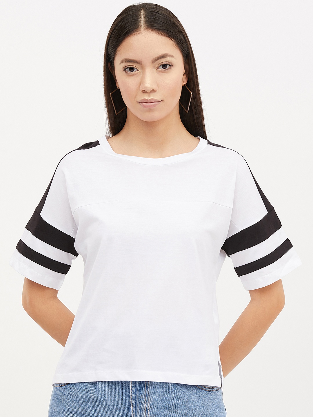 

Harpa Women White Black Striped Round Neck Pure Cotton T-shirt