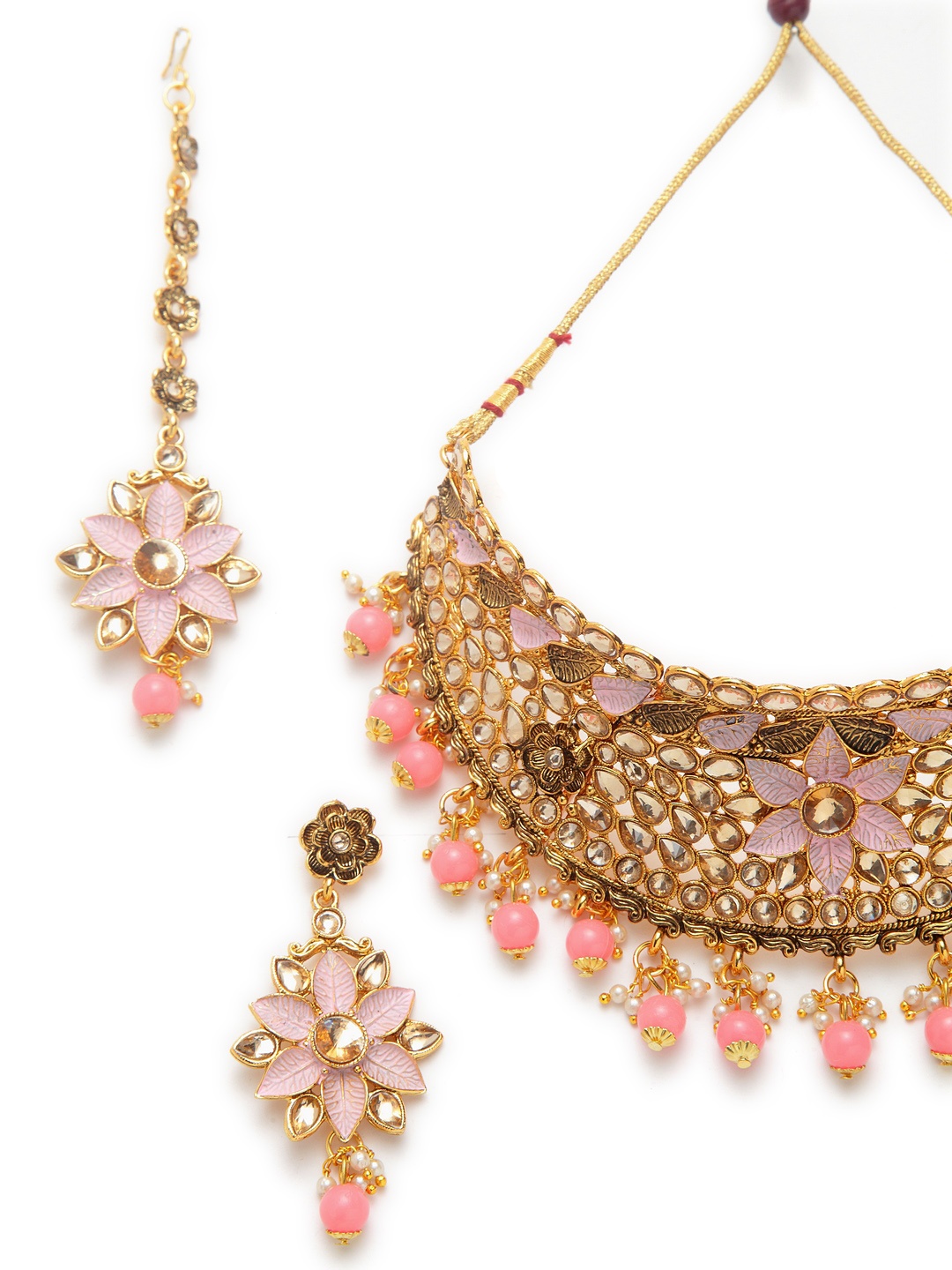 

ANIKAS CREATION Gold-Plated Beige & Pink Kundan-Studded Enamelled Bridal Look Choker Jewellery Set