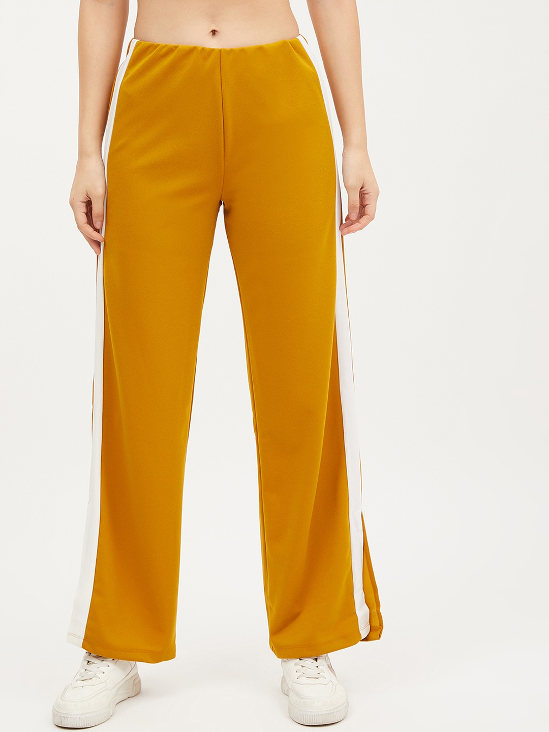 

Harpa Women Mustard Yellow & White Smart Regular Fit Solid Parallel Trousers