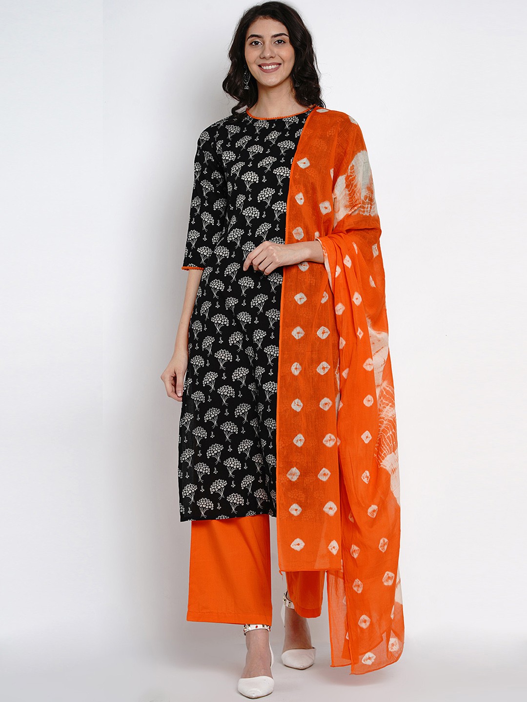 

Yuris Women Black & Orange Printed Kurta with Palazzos & Dupatta