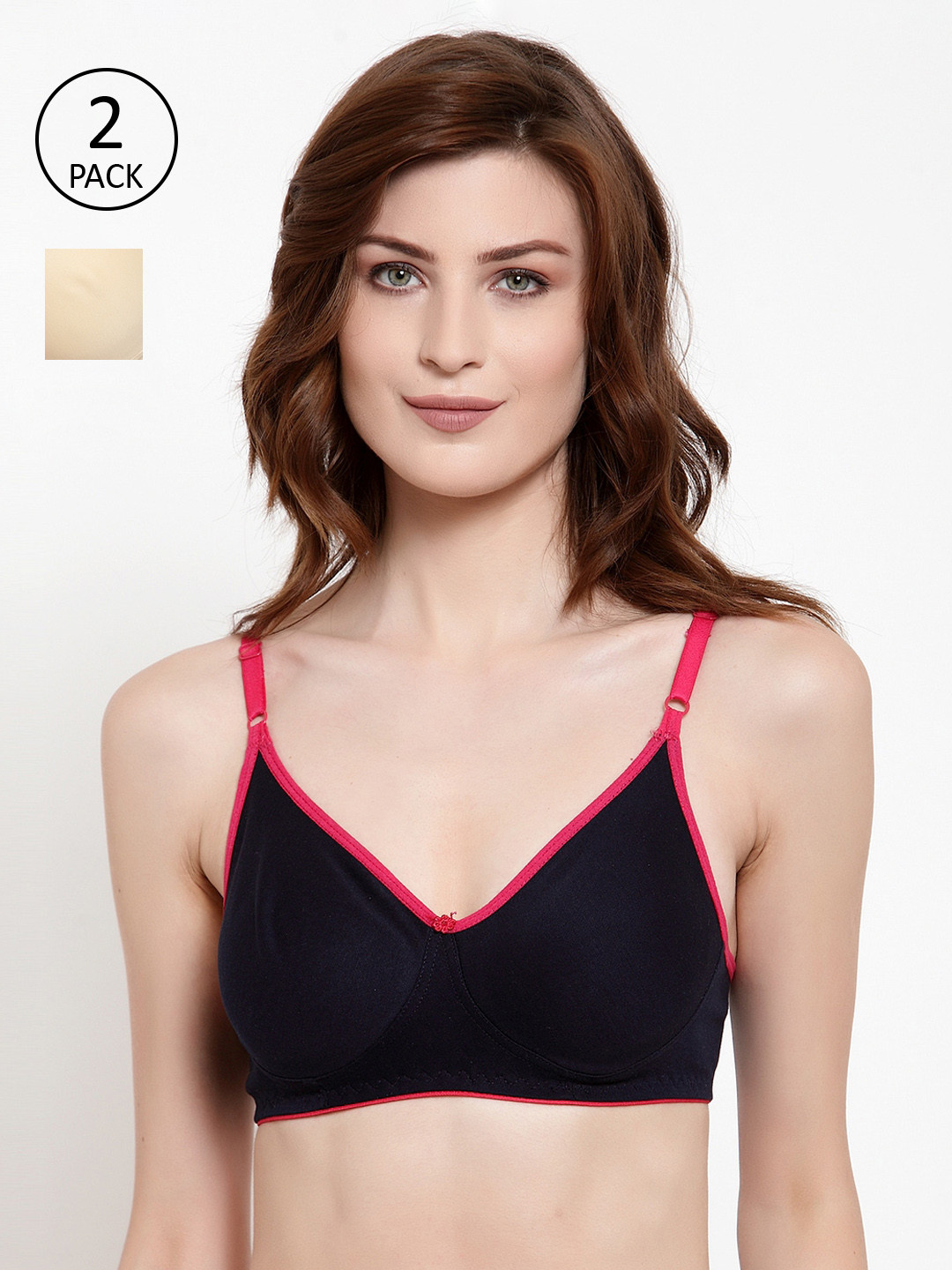 

Quttos Pack of 2 Navy Blue & Beige Solid Non-Wired Non Padded T-shirt Bra QT-BR-2PCS-4009