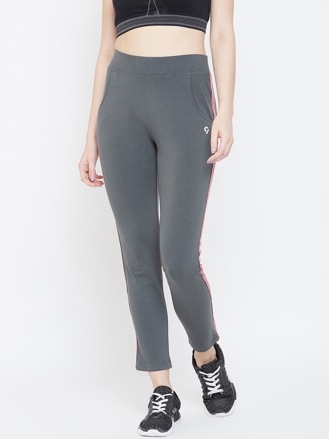 

C9 AIRWEAR Women Grey Solid & Red Striped Taped Straight-Fit Slip On Airwear Track Pants
