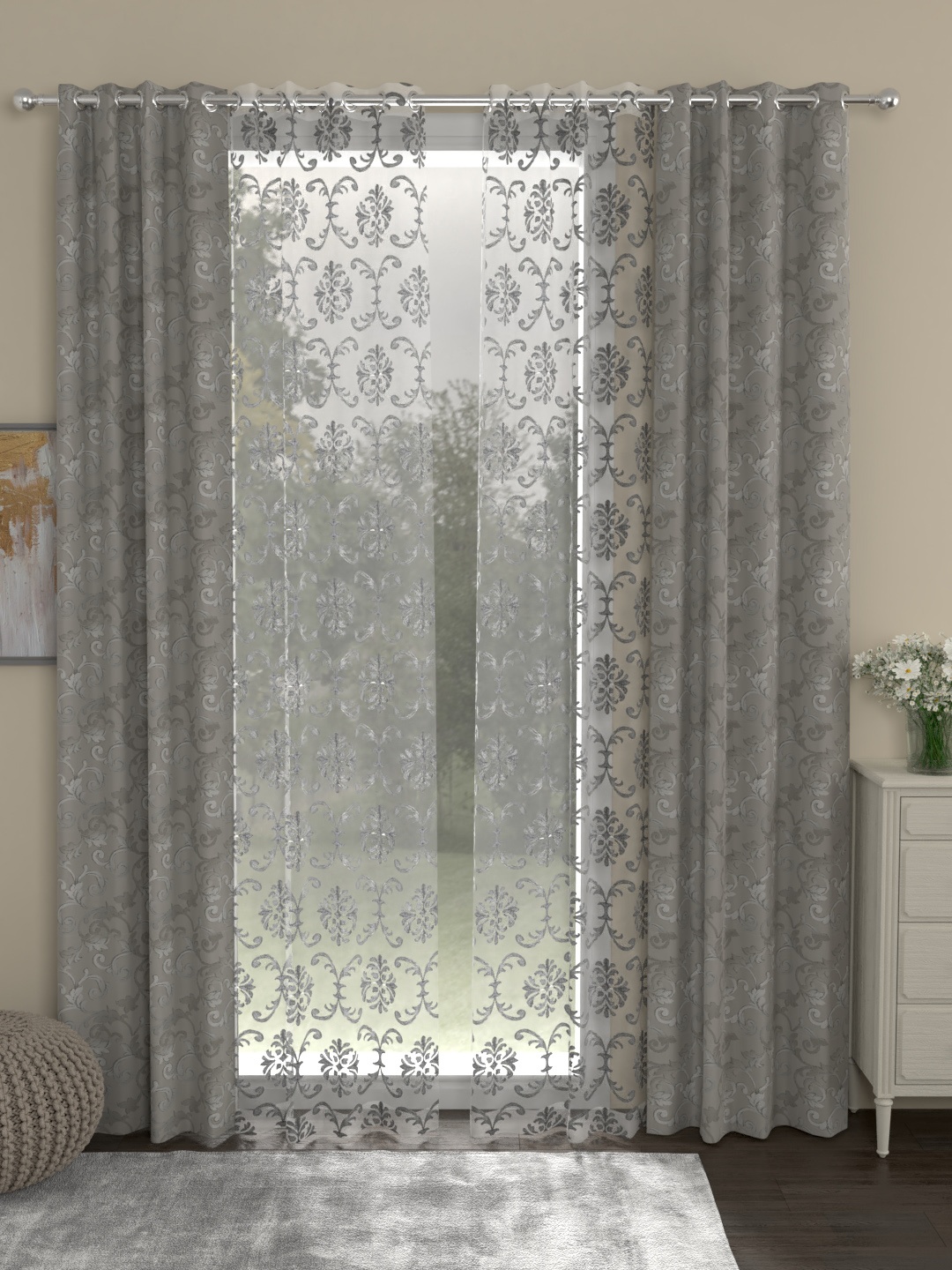 

ROSARA HOME Grey & Silver-Toned Set of 4 Jacquard Door Curtains
