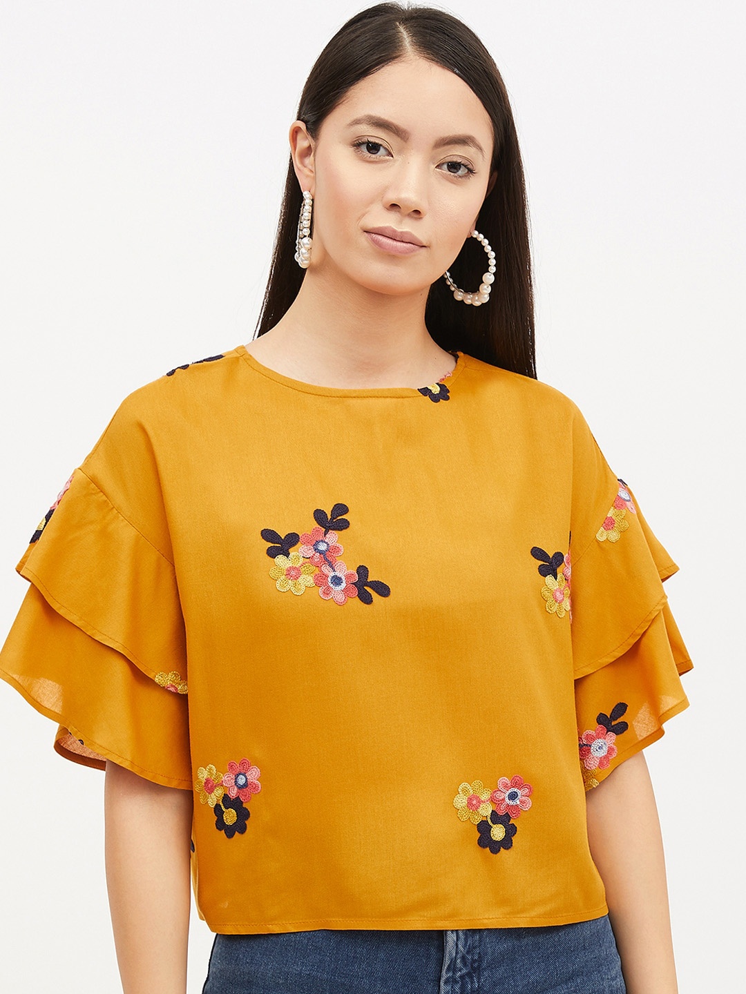 

Harpa Women Mustard Yellow Embroidered Pure Cotton Top