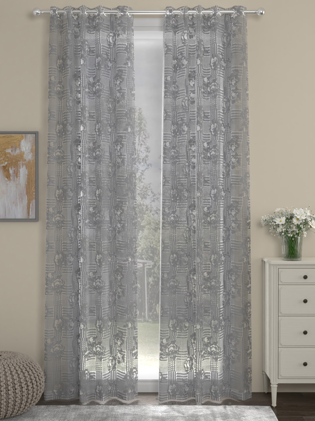 

ROSARA HOME Grey & Off-White Single Sheer Door Curtain