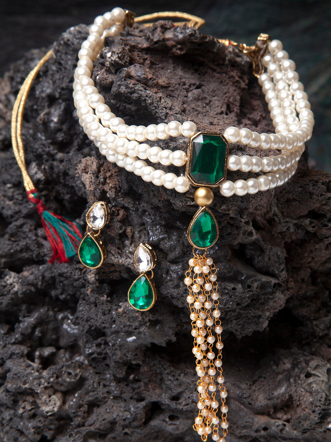 

ANIKAS CREATION Gold-Plated White & Green Crystal-Studded Pearl Tasseled Jewellery Set