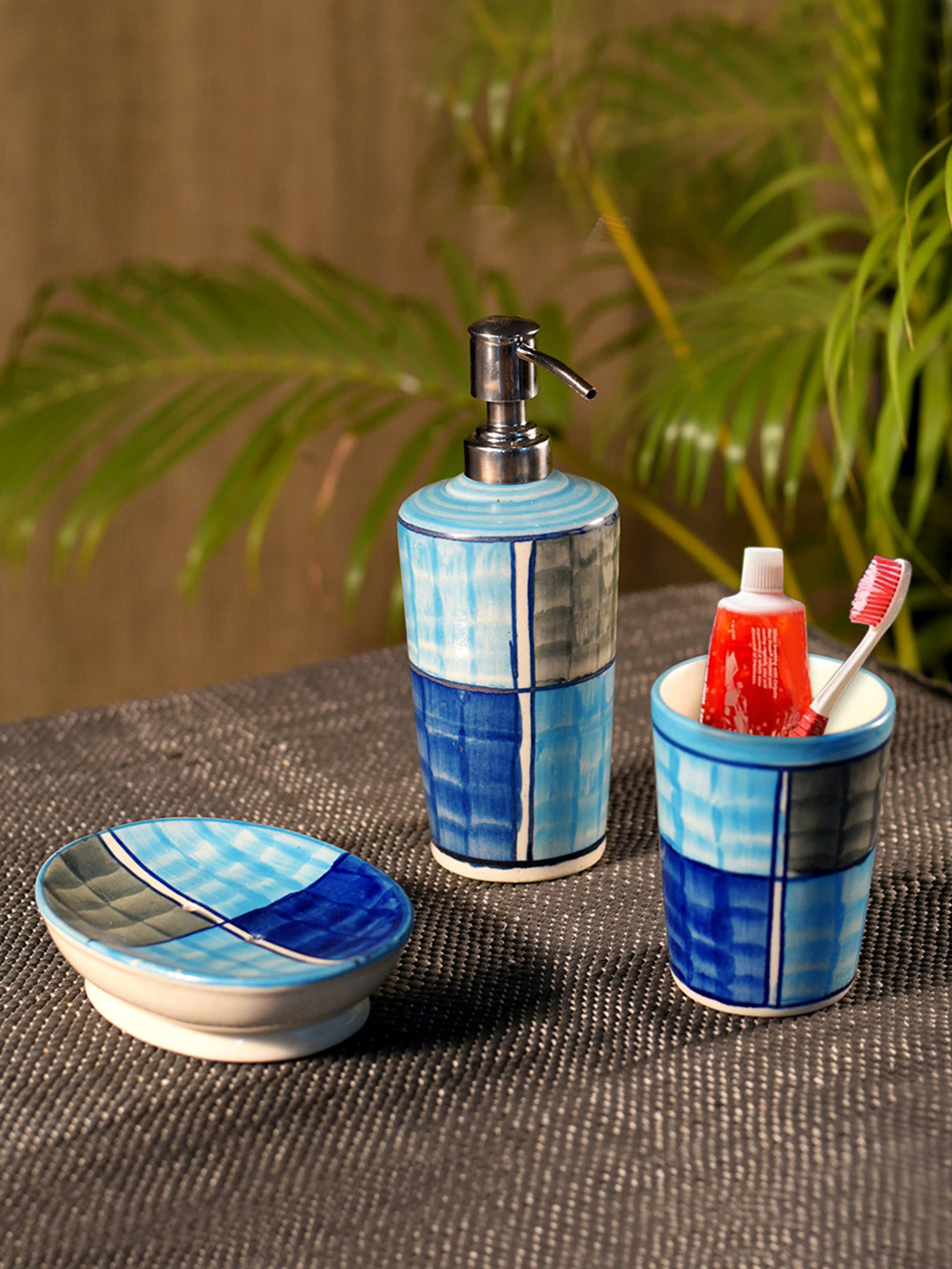

Unravel India Set Of 3 Blue & Grey Printed Ceramic Bathroom Accessories