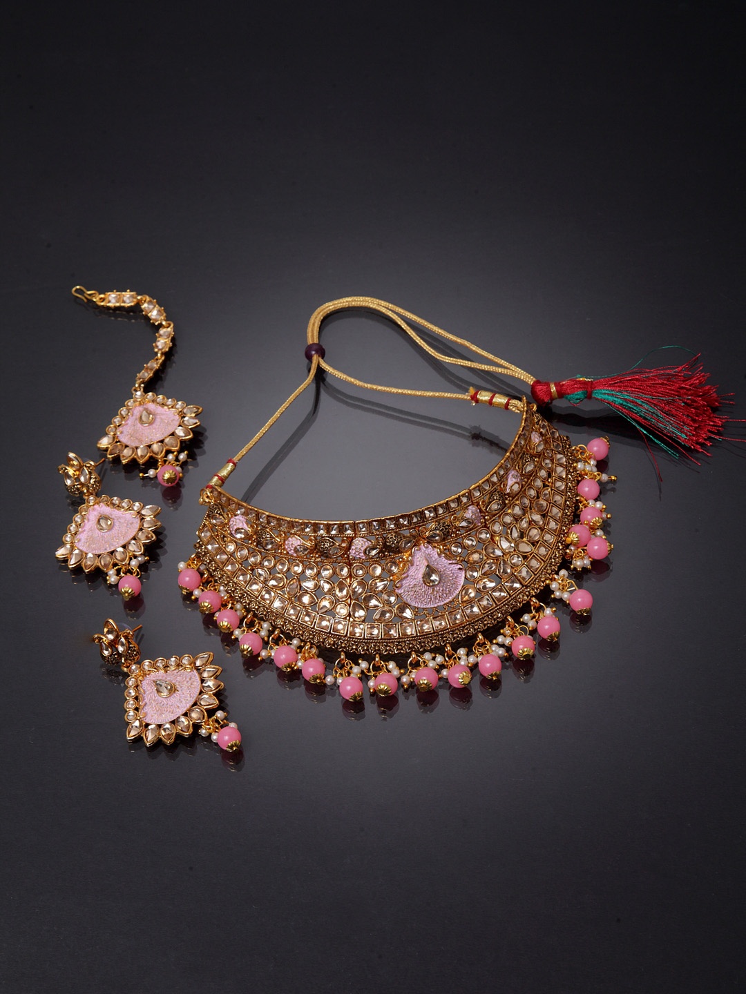 

ANIKAS CREATION Gold-Plated Beige & Pink Kundan-Studded Enamelled Bridal Look Choker Jewellery Set