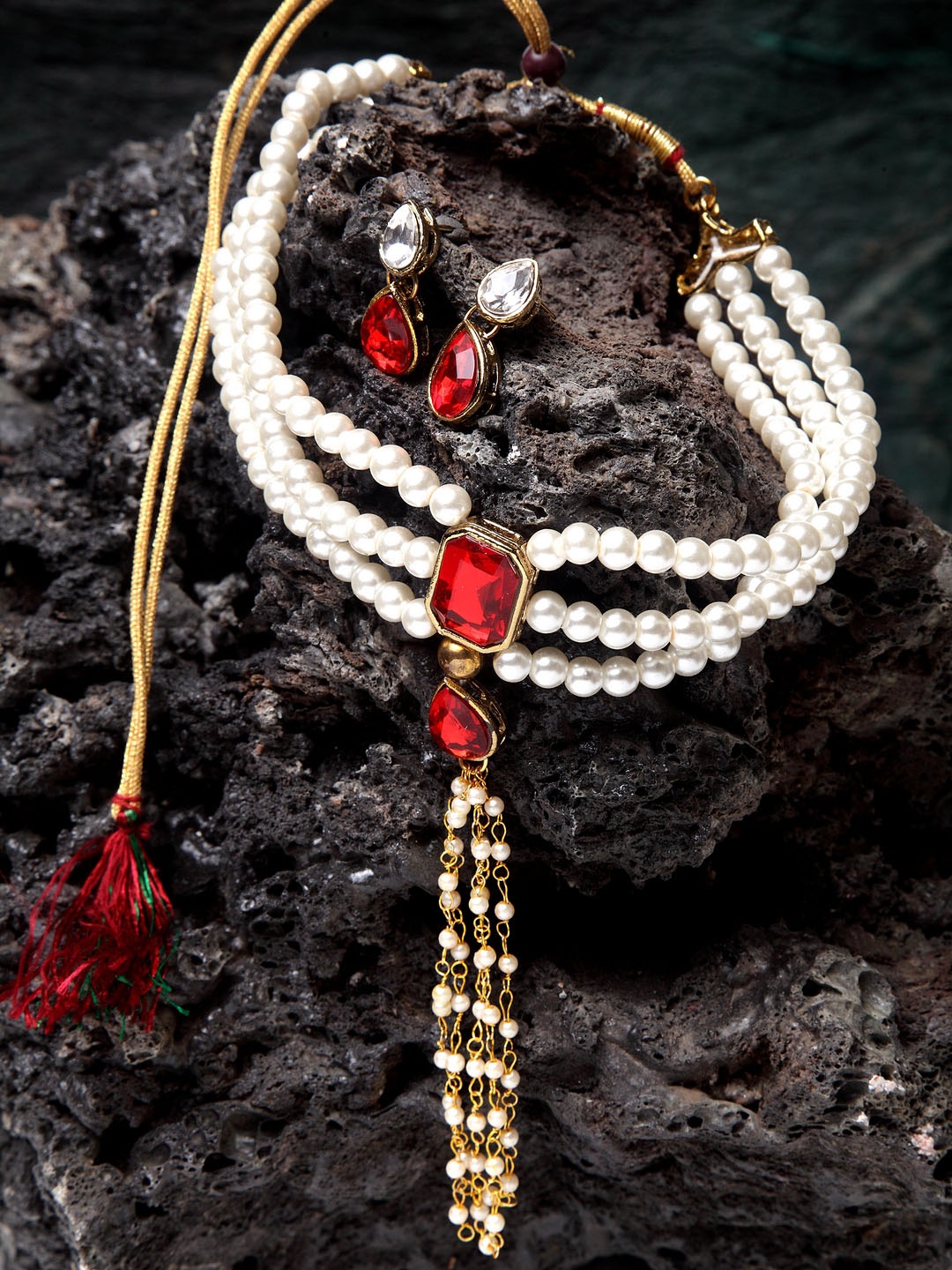 

ANIKAS CREATION Gold-Plated White & Red Crystal-Studded Pearl Tasseled Jewellery Set