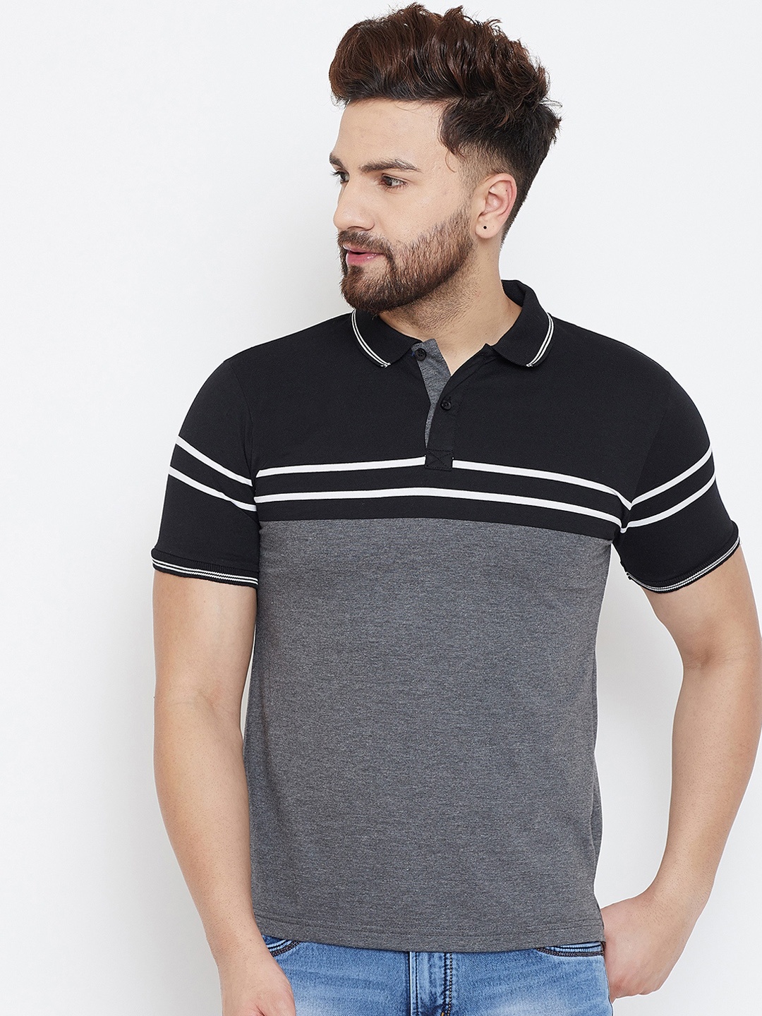 

Austin wood Men Charcoal Striped Polo Collar T-shirt