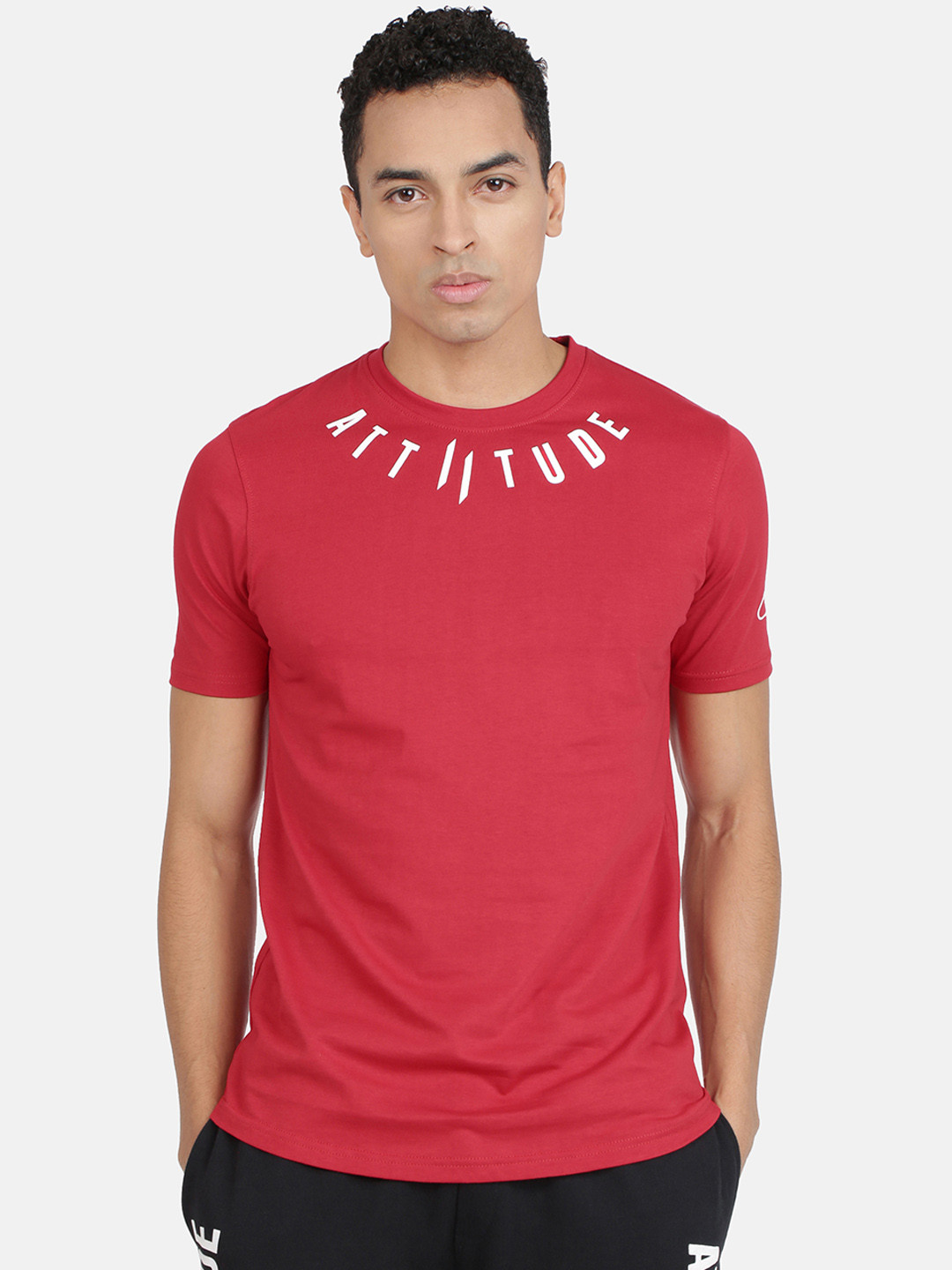 

ATTIITUDE Men Red Brand Logo Printed Round Neck Pure Cotton Slim Fit T-shirt