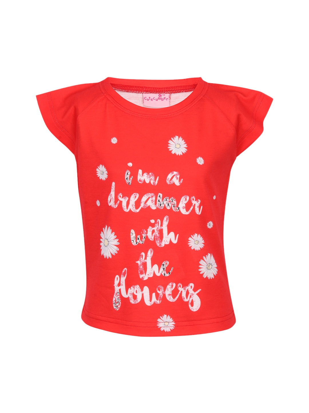 

CUTECUMBER Girls Red & White Typography Print T-shirt
