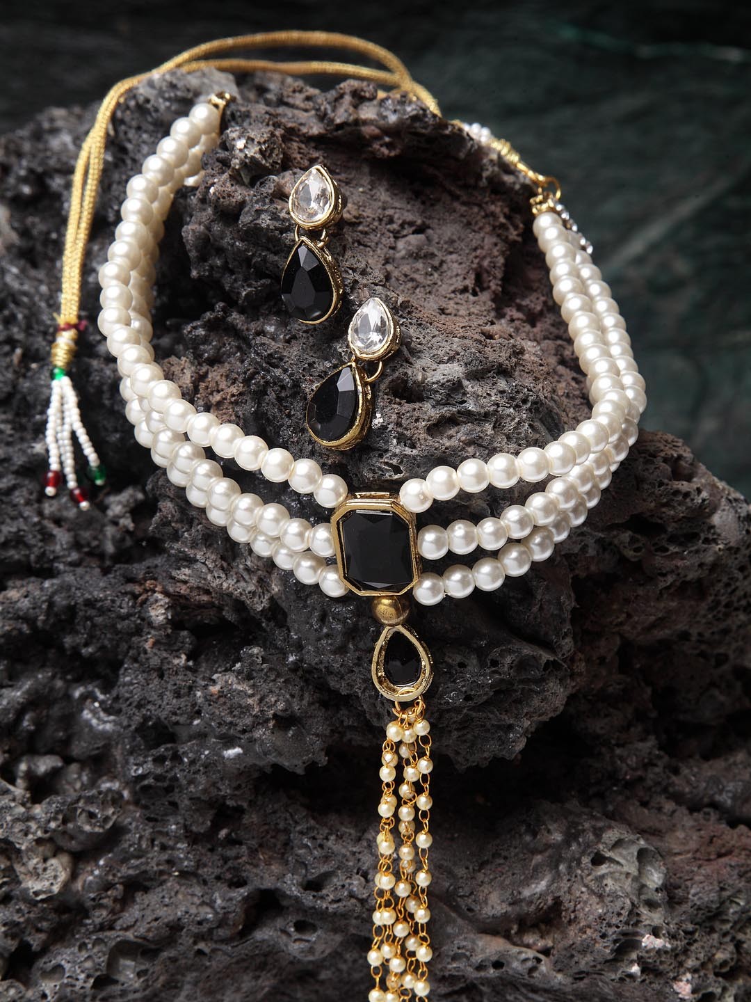 

ANIKAS CREATION Gold-Plated & White Crystal-Studded Pearl Tasselled Jewellery Set