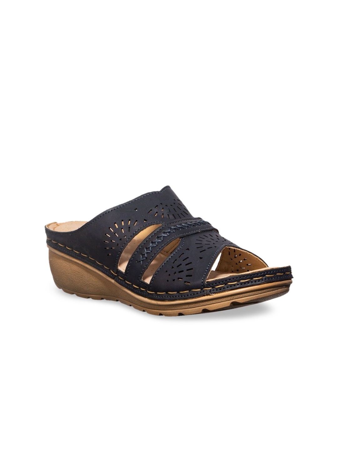 

Khadims Women Black Laser Cut Heeled Mules