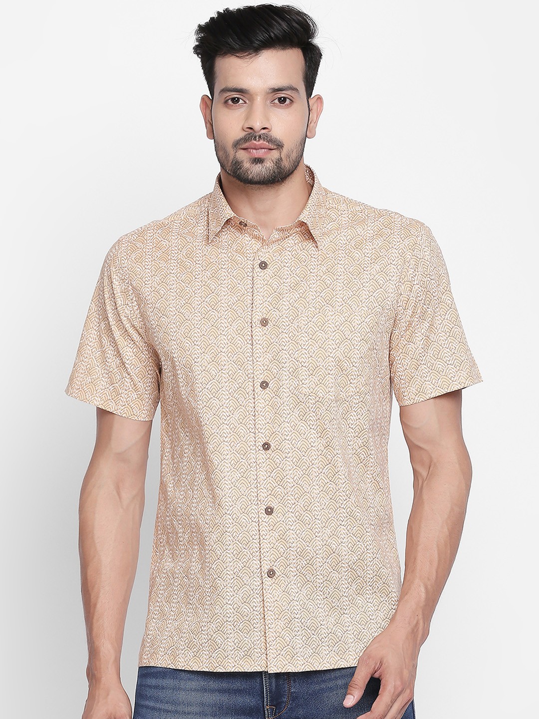 

indus route by Pantaloons Men Beige Regular Fit Printed Casual Shirt