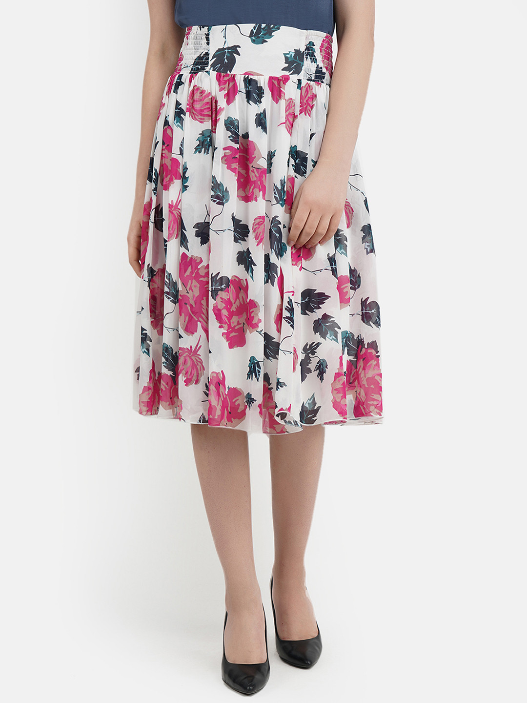 

Aditi Wasan Women White & Pink Tropical Printed Midi Flared Dirndl Skirt