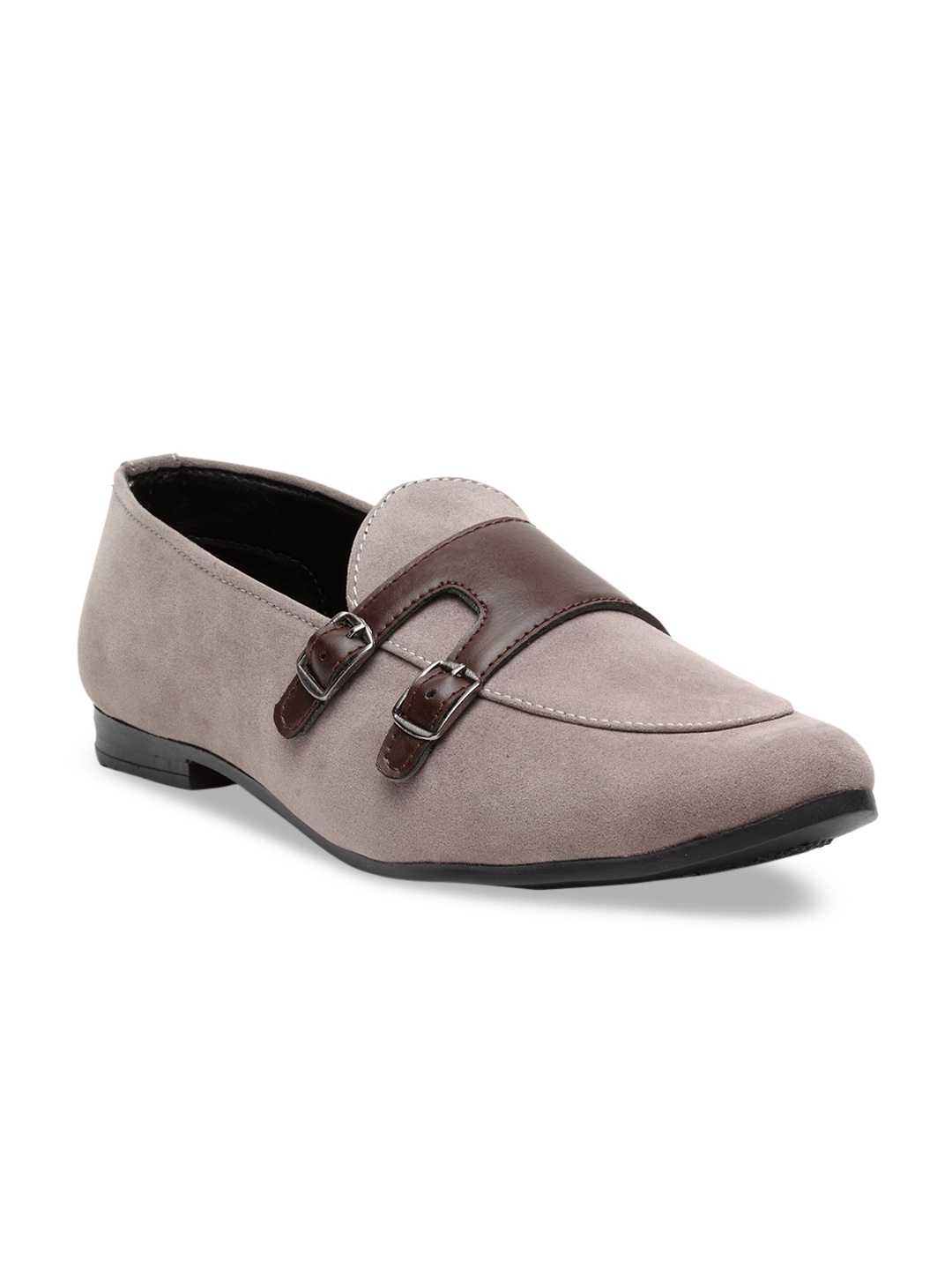 

TREEMODA Men Taupe & Brown Colourblocked Suede Loafers With Buckle Detail
