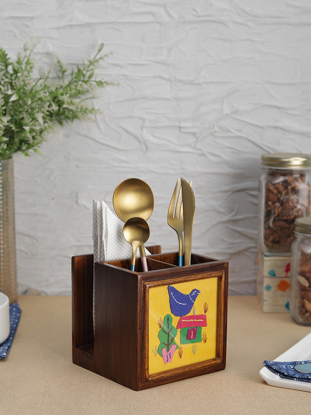 

VarEesha Brown & Yellow Teak Wood Cutlery and Napkin Holder