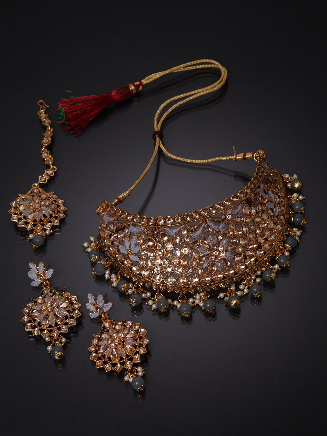 

ANIKAS CREATION Gold-Plated Beige & Grey Kundan-Studded Enamelled Bridal Look Choker Jewellery Set