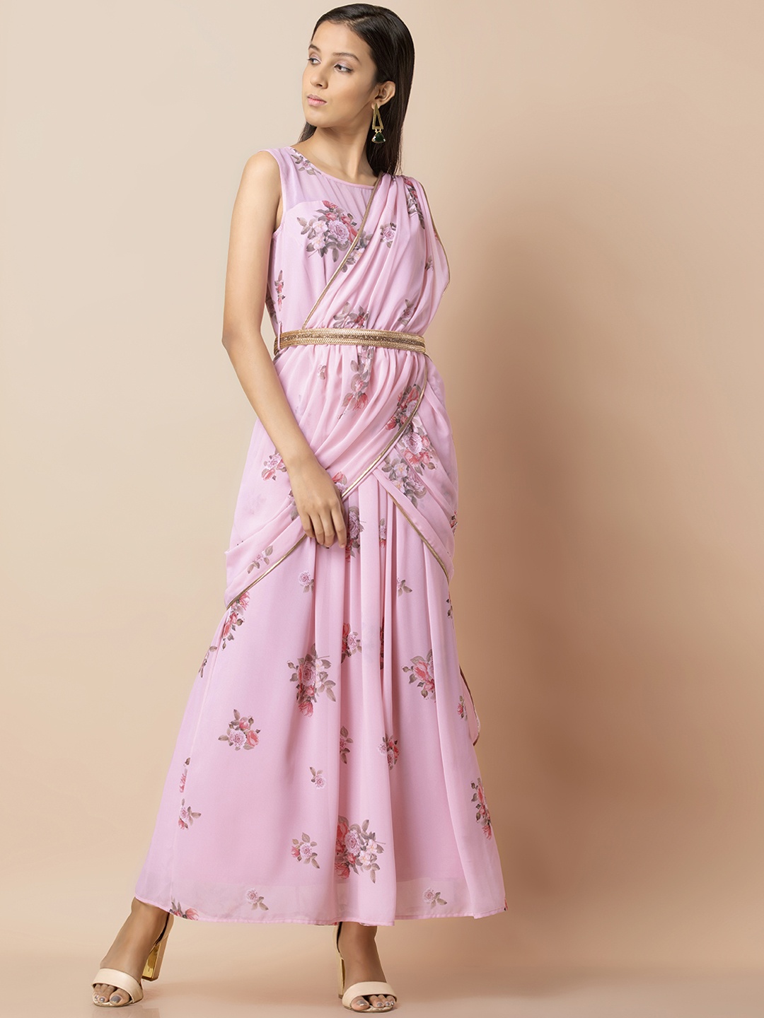INDYA Women Pink Polyester Floral Print Ready to Wear Banarasi Saree