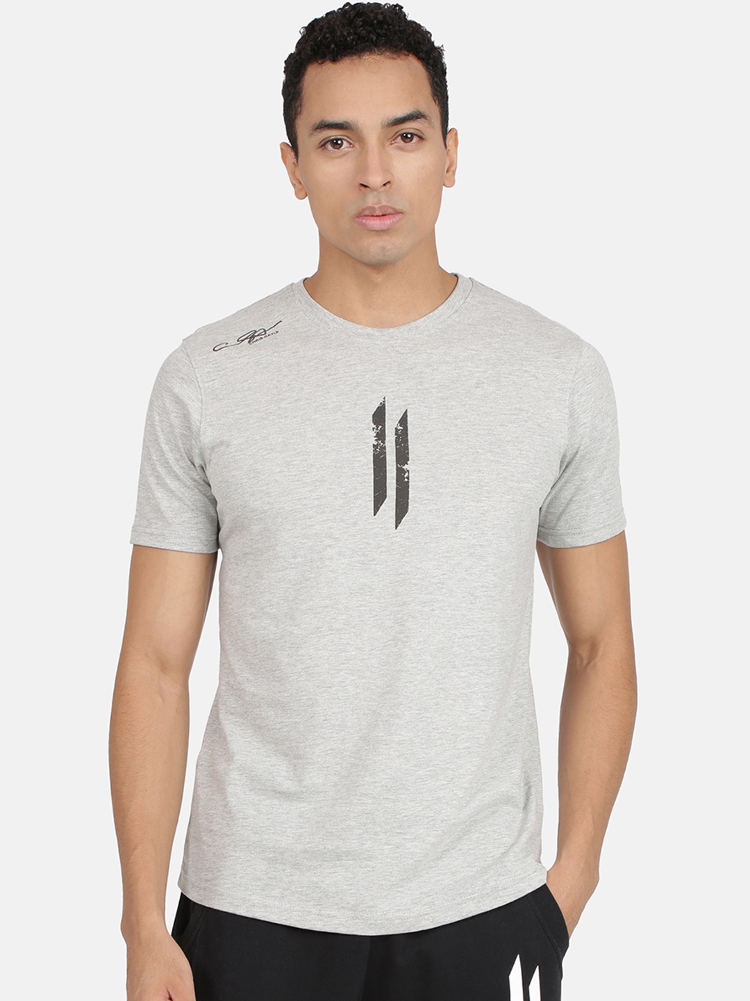 

ATTIITUDE Men Grey Melange Slim Fit Printed Round Neck Pure Cotton T-shirt