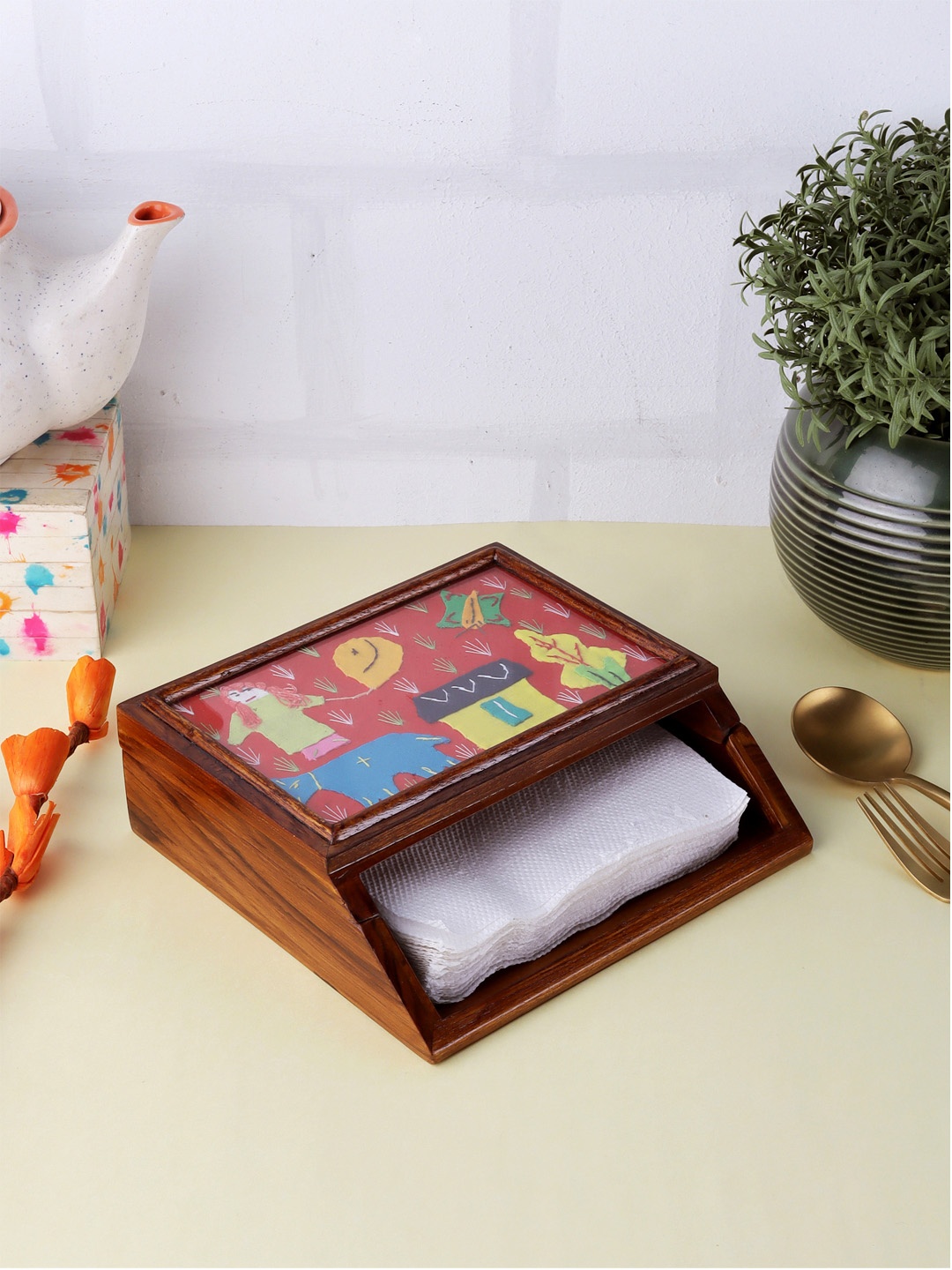 

VarEesha Red & Brown Solid Applique Work Teak Wood Napkin Holder
