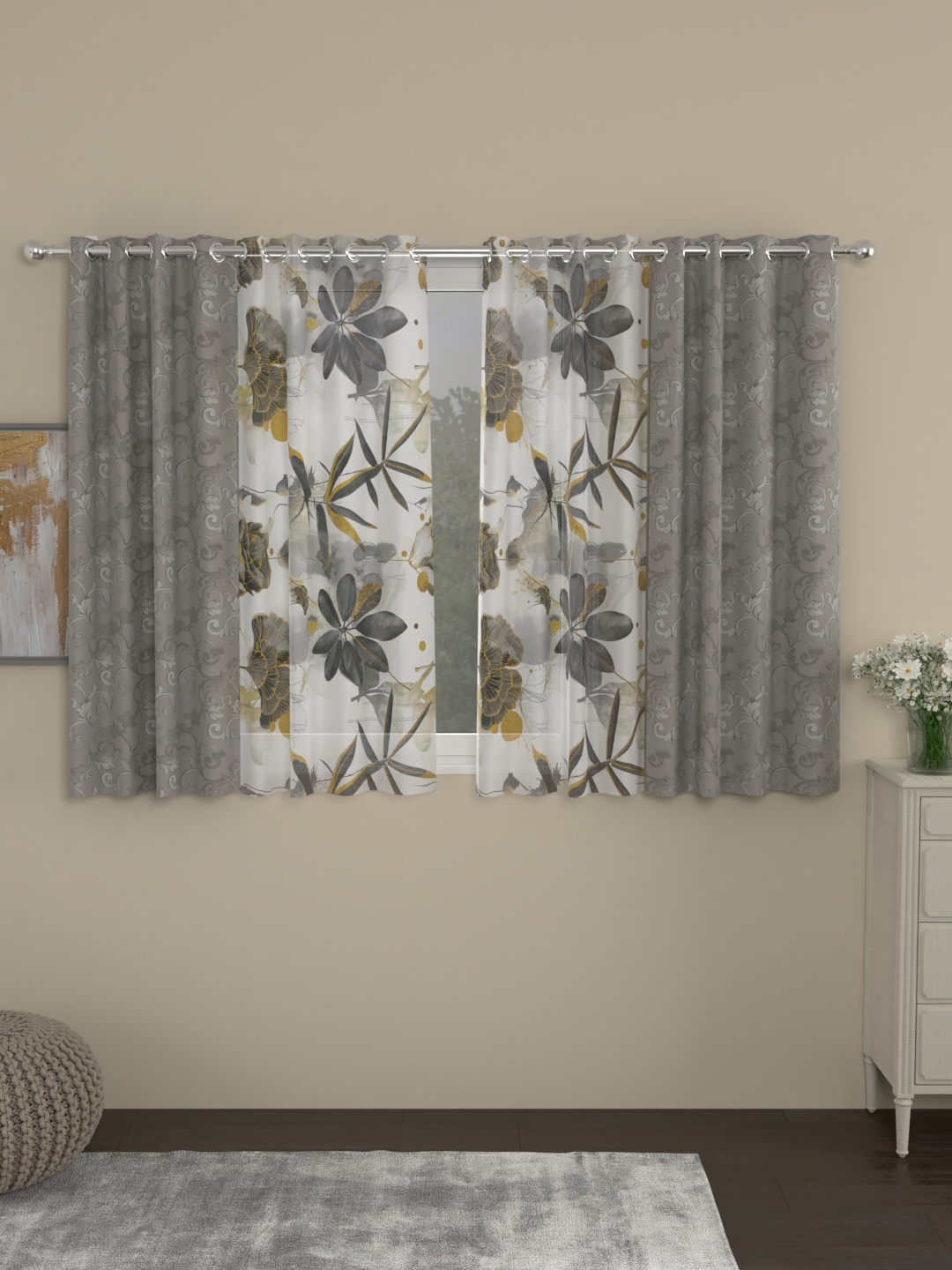 ROSARA HOME Grey & White Floral Print Set of 4 Window Curtains
