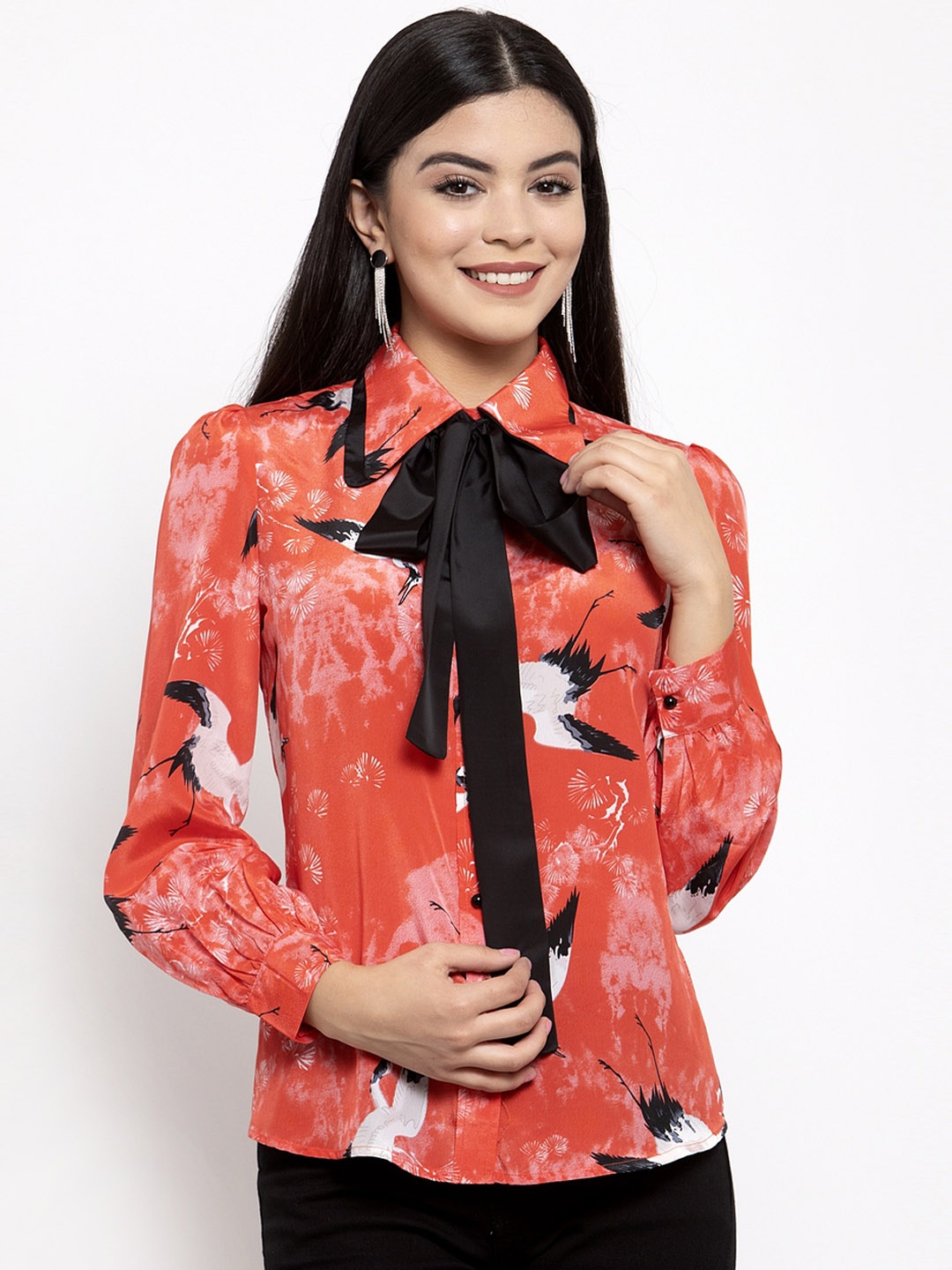 

KASSUALLY Women Red & Black Slim Fit Printed Casual Shirt