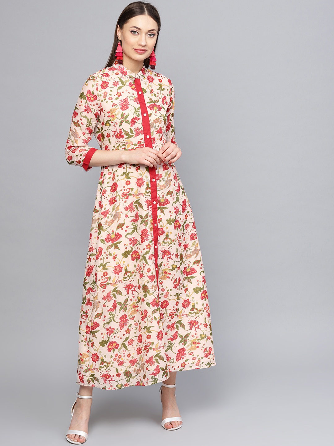 

RARE Women Beige & Red Floral Printed Ethnic Shirt Dress