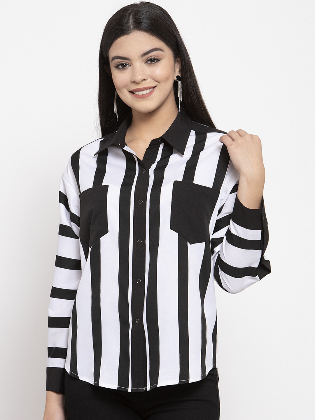 

KASSUALLY Women Black & White Slim Fit Striped Casual Shirt