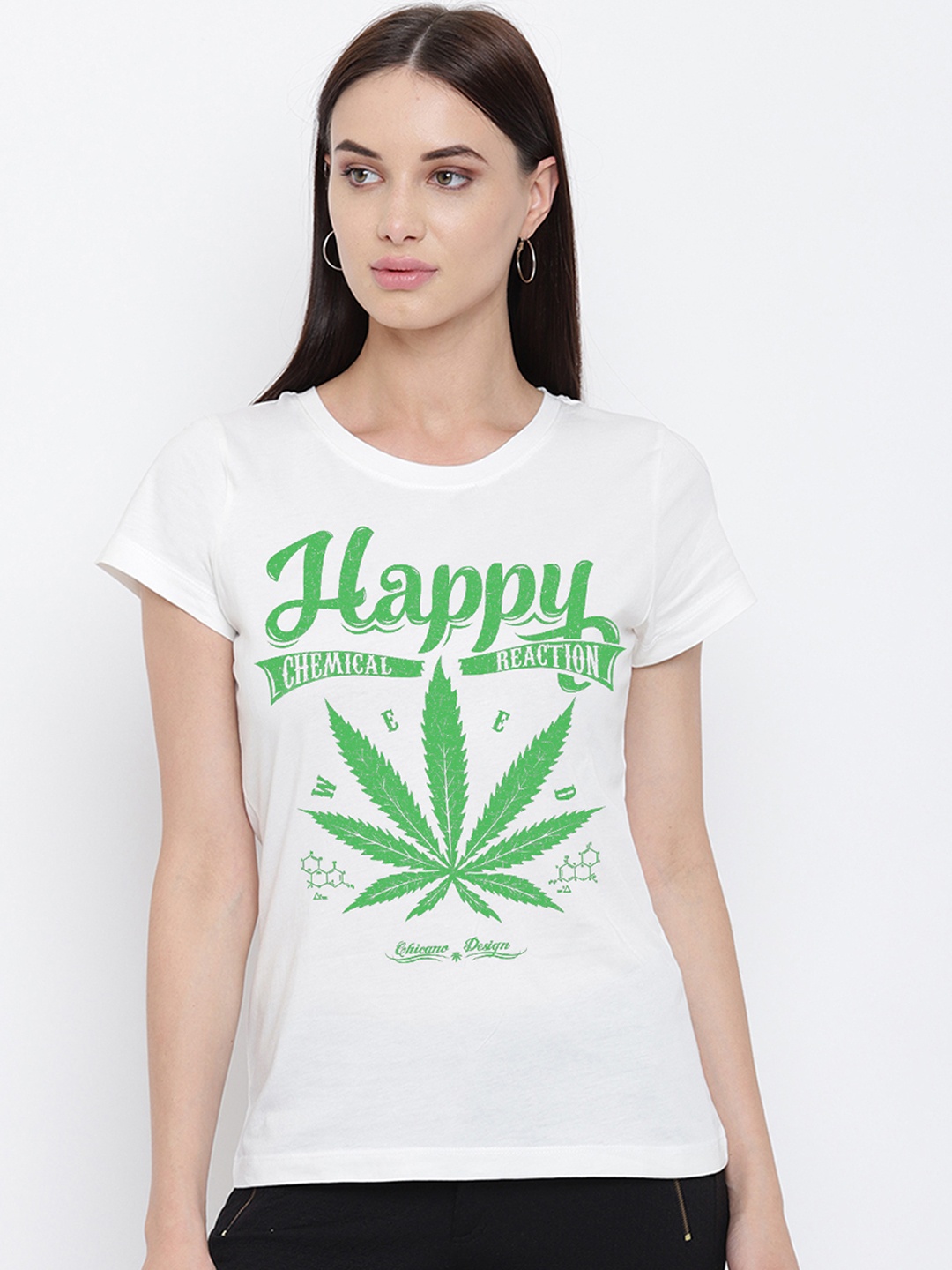

THREADCURRY Women White Printed Round Neck T-shirt