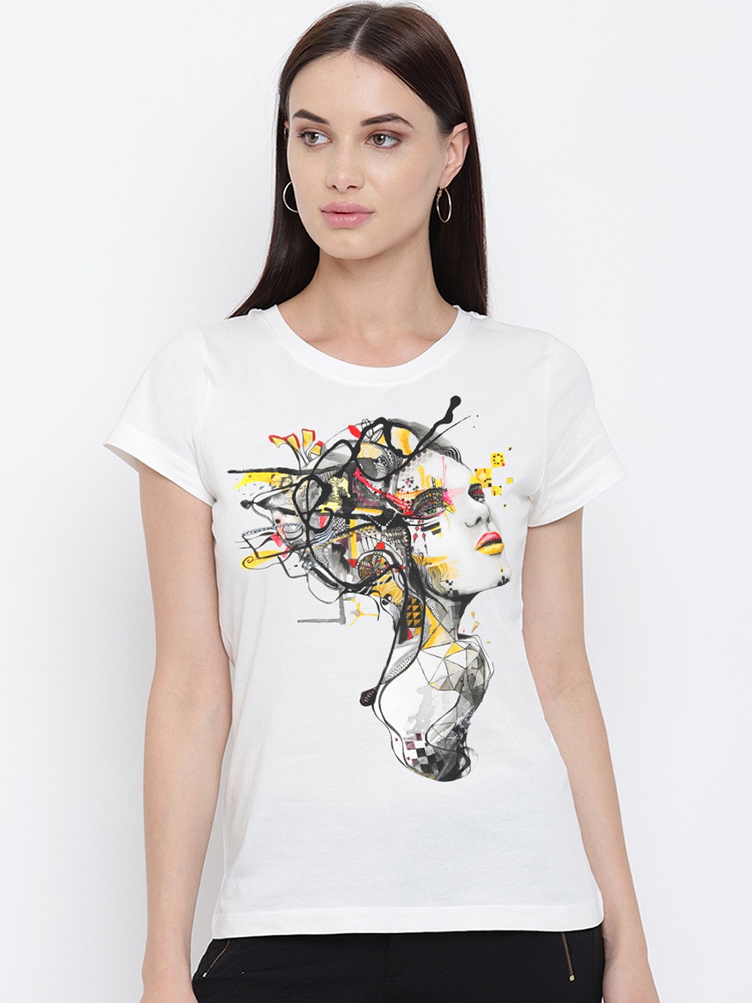 

THREADCURRY Women White Printed Round Neck T-shirt