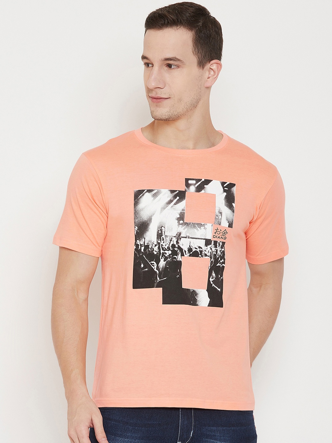 

Okane Men Peach-Coloured Printed Round Neck T-shirt